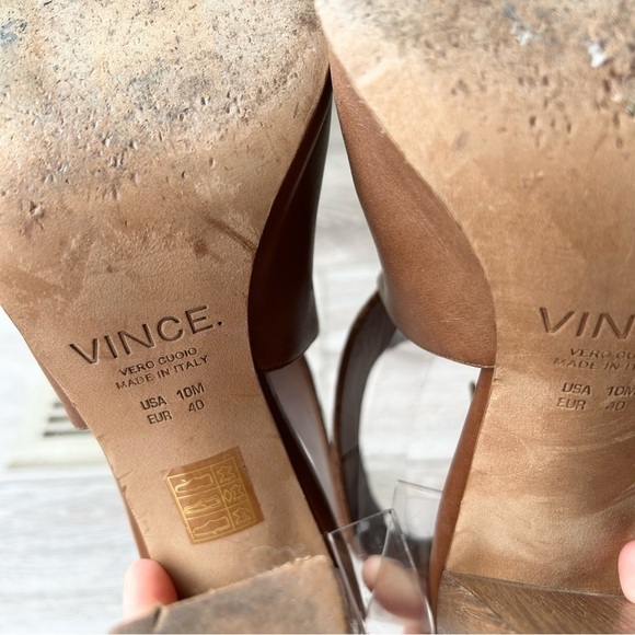 VINCE Addie Open Toe Buckle Back Strap Brown  Leather Bootie Wooden block Heel - Picture 14 of 16